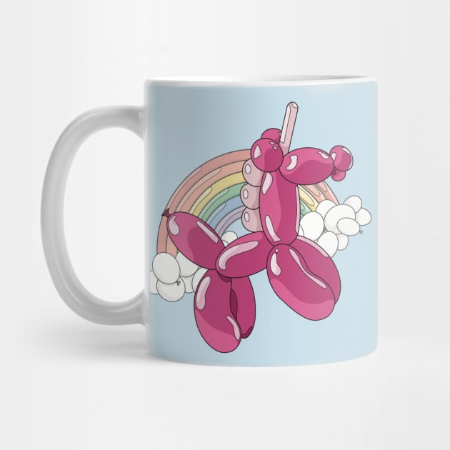 A light and dark pink unicorn balloon with a ballon rainbow and balloon clouds behind it. by Fruit Tee